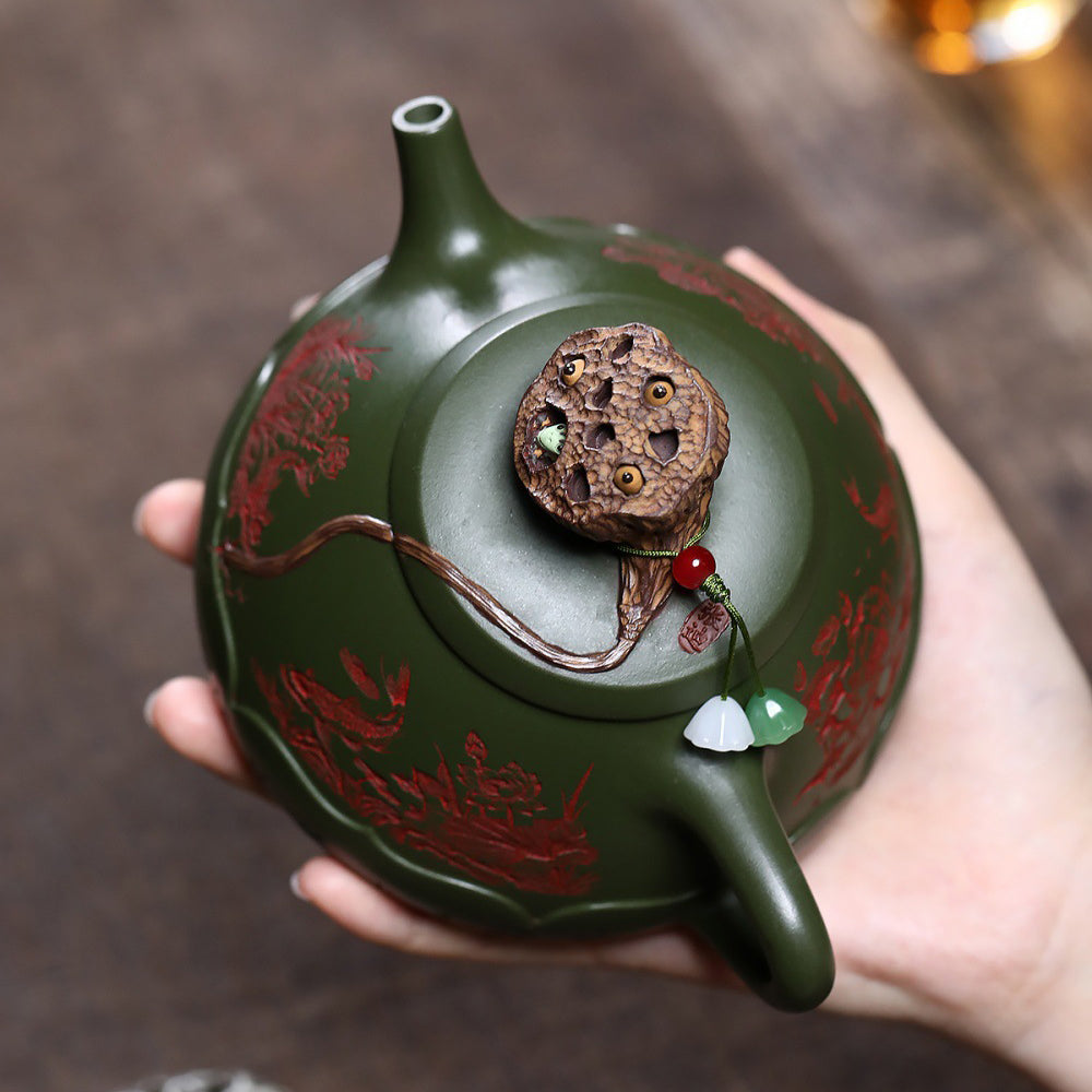 Yixing Green Clay Lotus Shi Piao Teapot