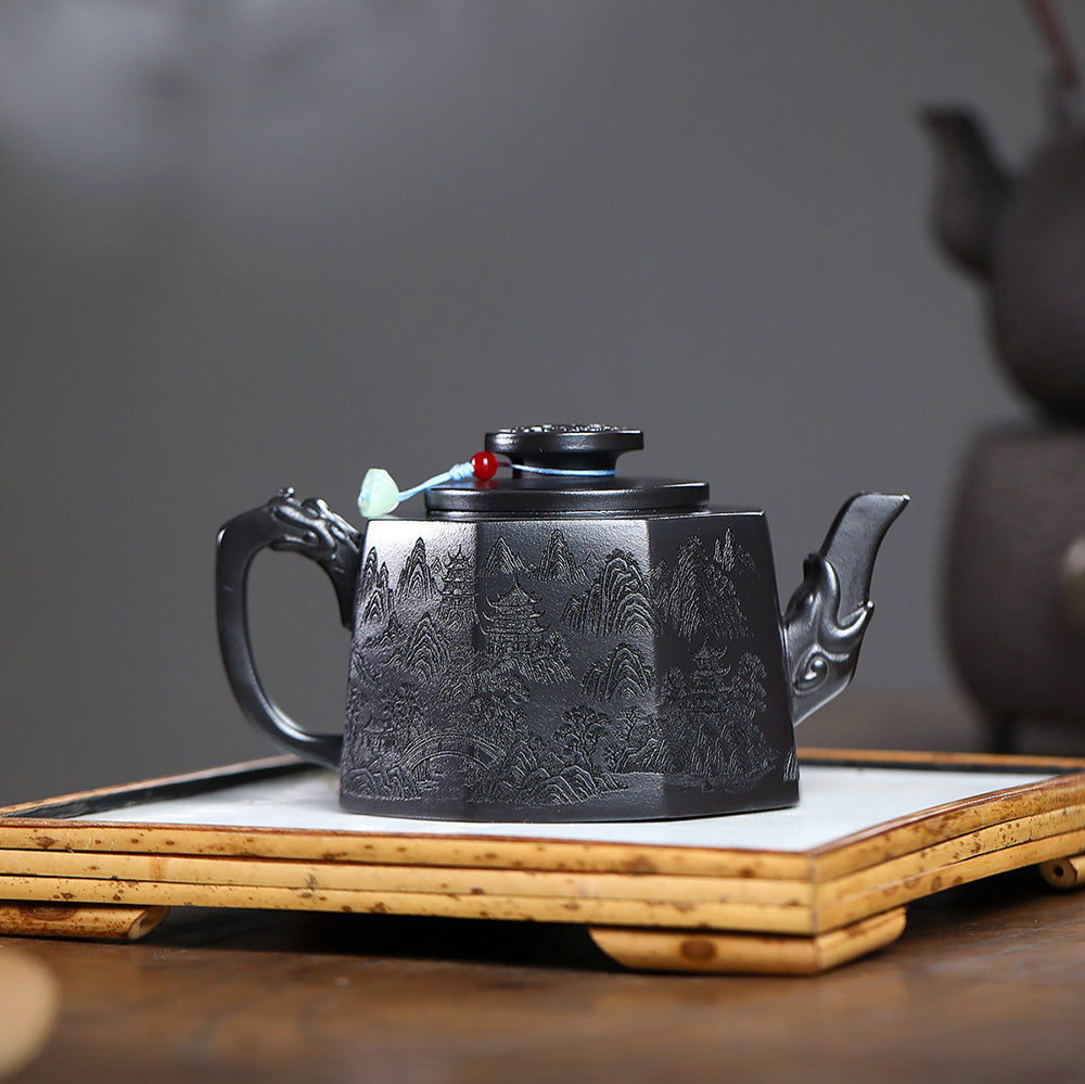 Yixing Stone Yellow Clay Landscape Octagon Teapot