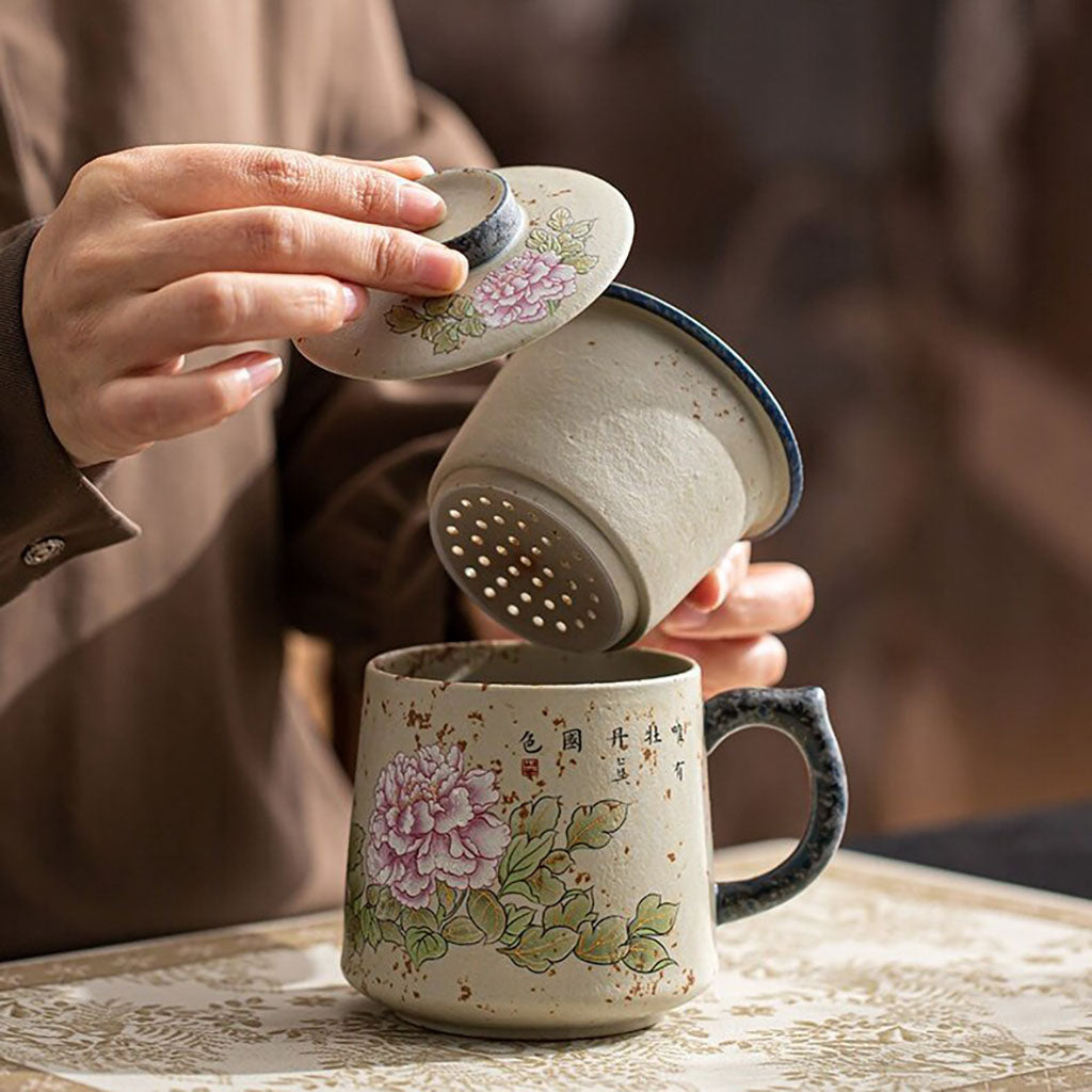 Flint Red Ceramic Peony Tea Cup With Infuser