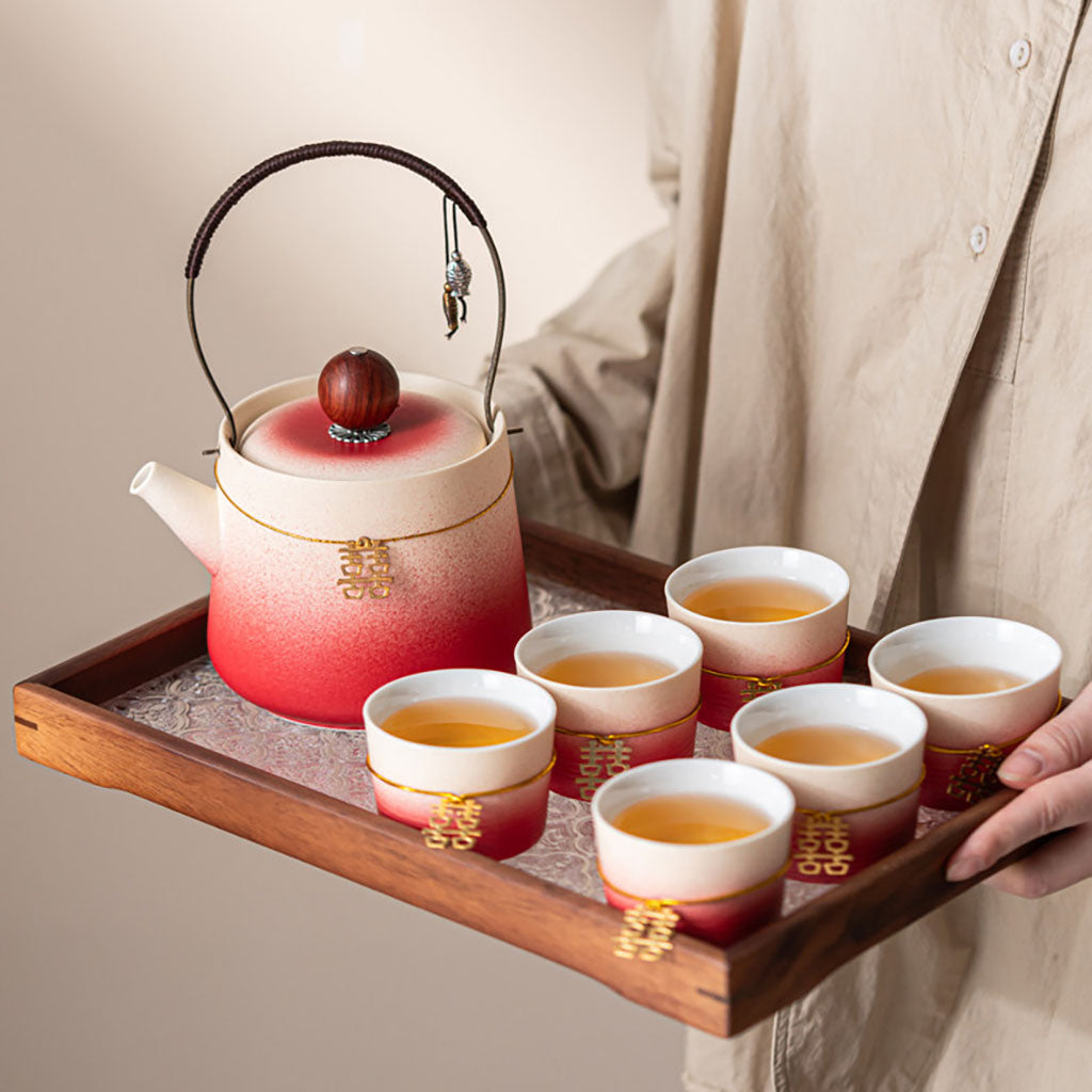 Gradient Red Ceramic Wedding Tea Set