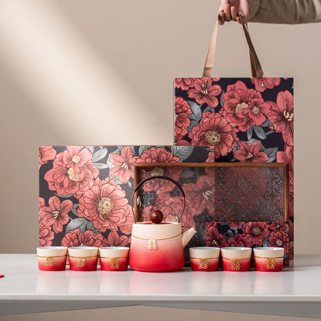 Gradient Red Ceramic Wedding Tea Set