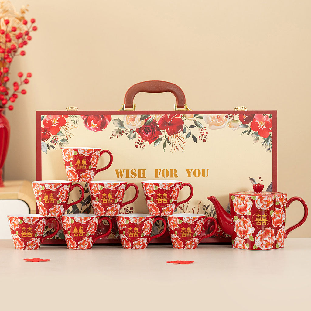 Peony Double Happiness Ceramic Wedding Tea Set