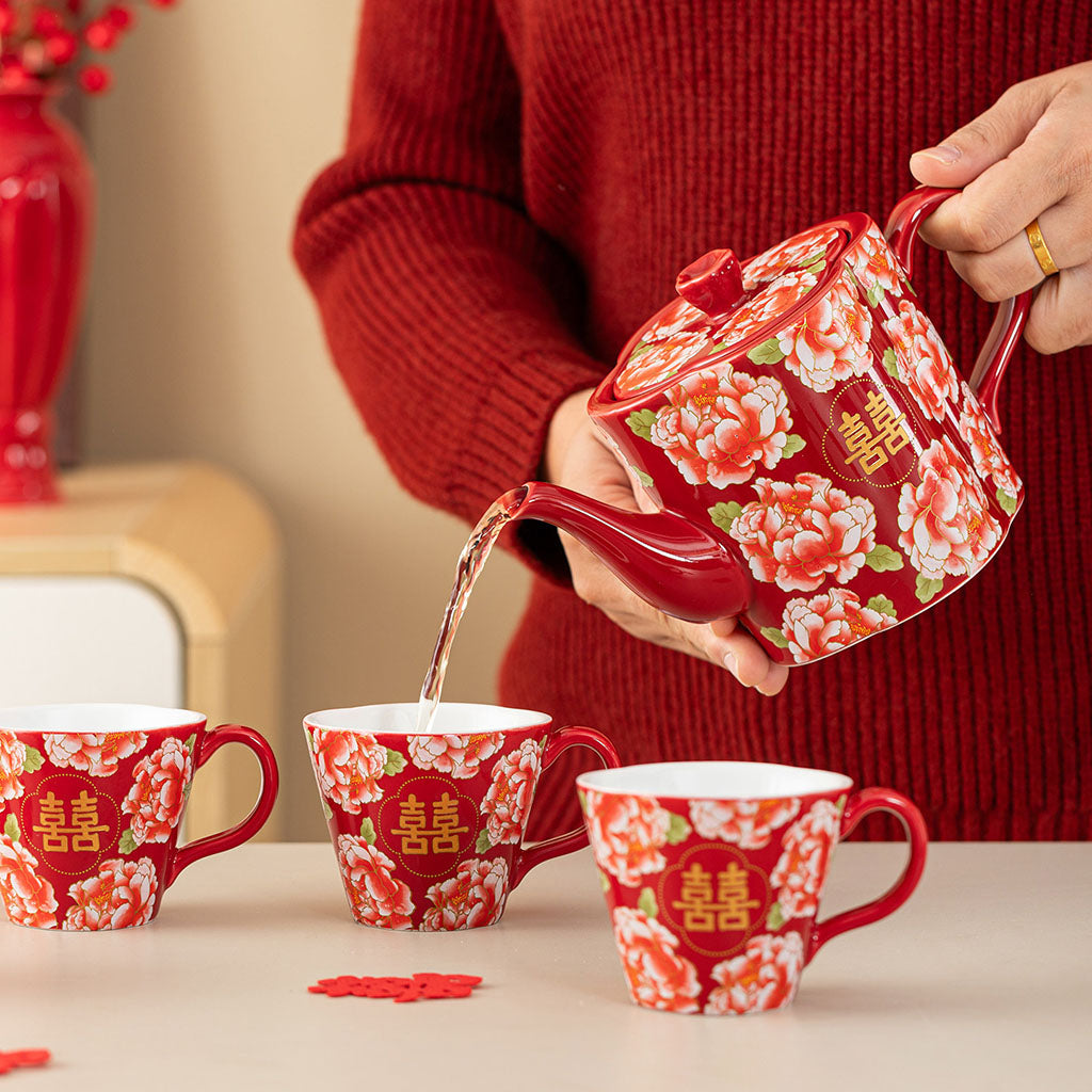 Peony Double Happiness Ceramic Wedding Tea Set