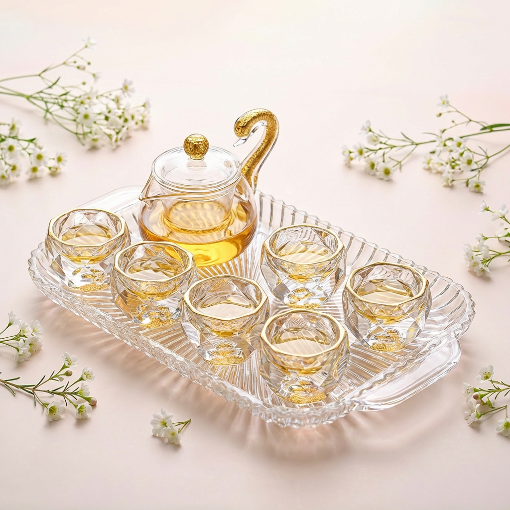 Gold Foil Diamond-Cut Crystal Glass Tea Set