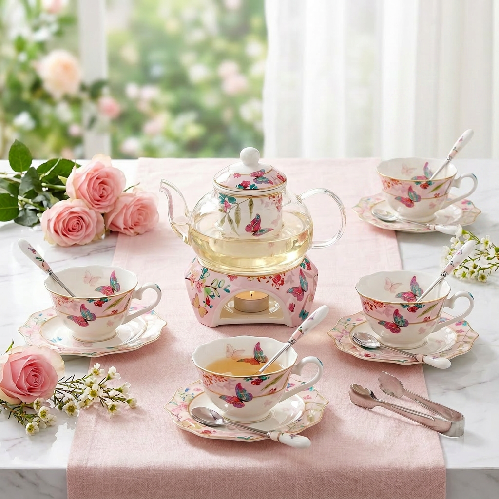 Cherry Blossom And Butterfly Tea Set With Warmer