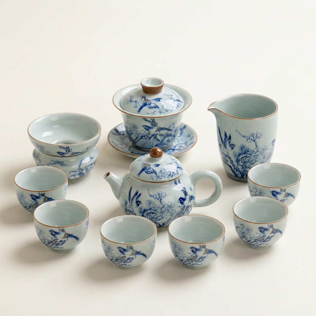 Magpie and Plum Blossom Ruyao Ceramic Tea Set