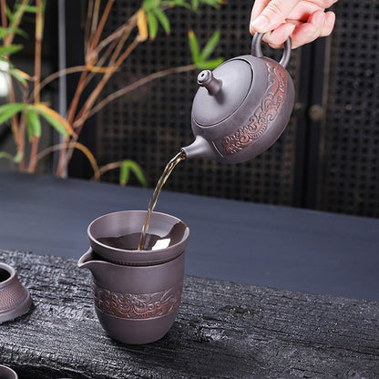 Yixing Purple Clay Relif Lotus Tea Set