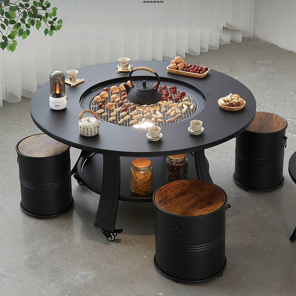 Black Round Movable Tea Table Set With Stove
