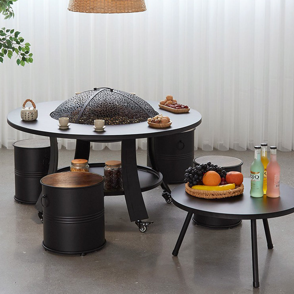 Black Round Movable Tea Table Set With Stove