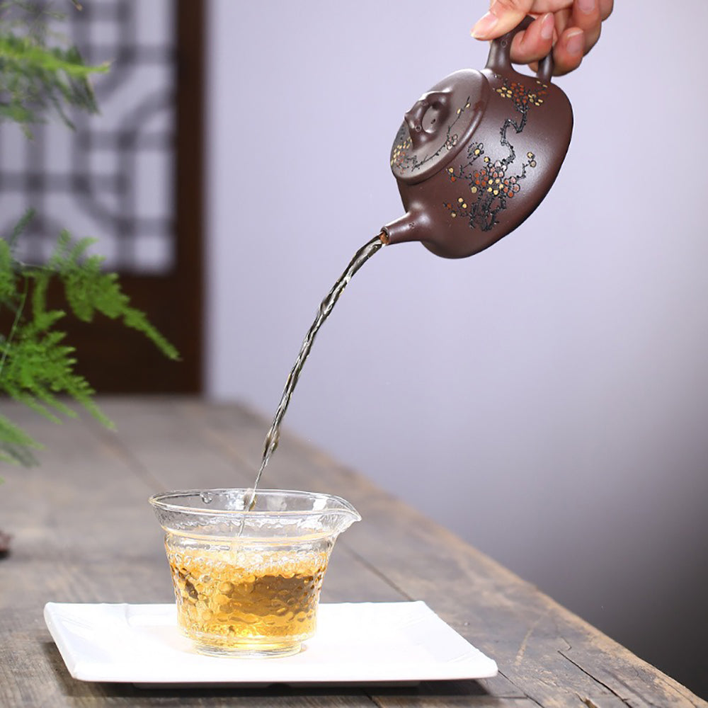 Yixing Purple Clay Hand-carved Plum Blossom Teapot