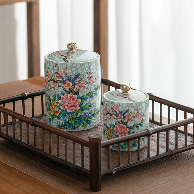 Magpie Peach Blossom Enamel Porcelain Tea Caddy