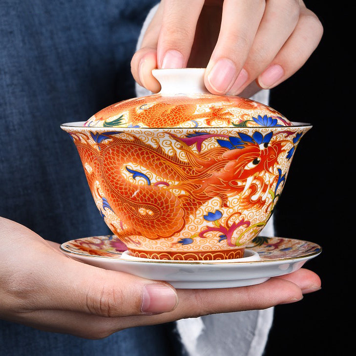 Enamel Porcelain Dragon Phoenix Gaiwan