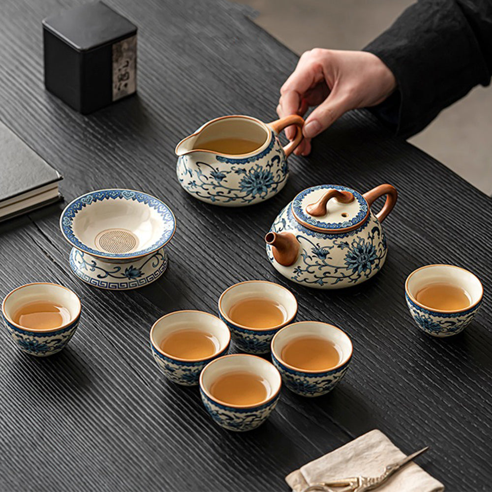 Blue And White Ruyao Twig Flowers Tea Set