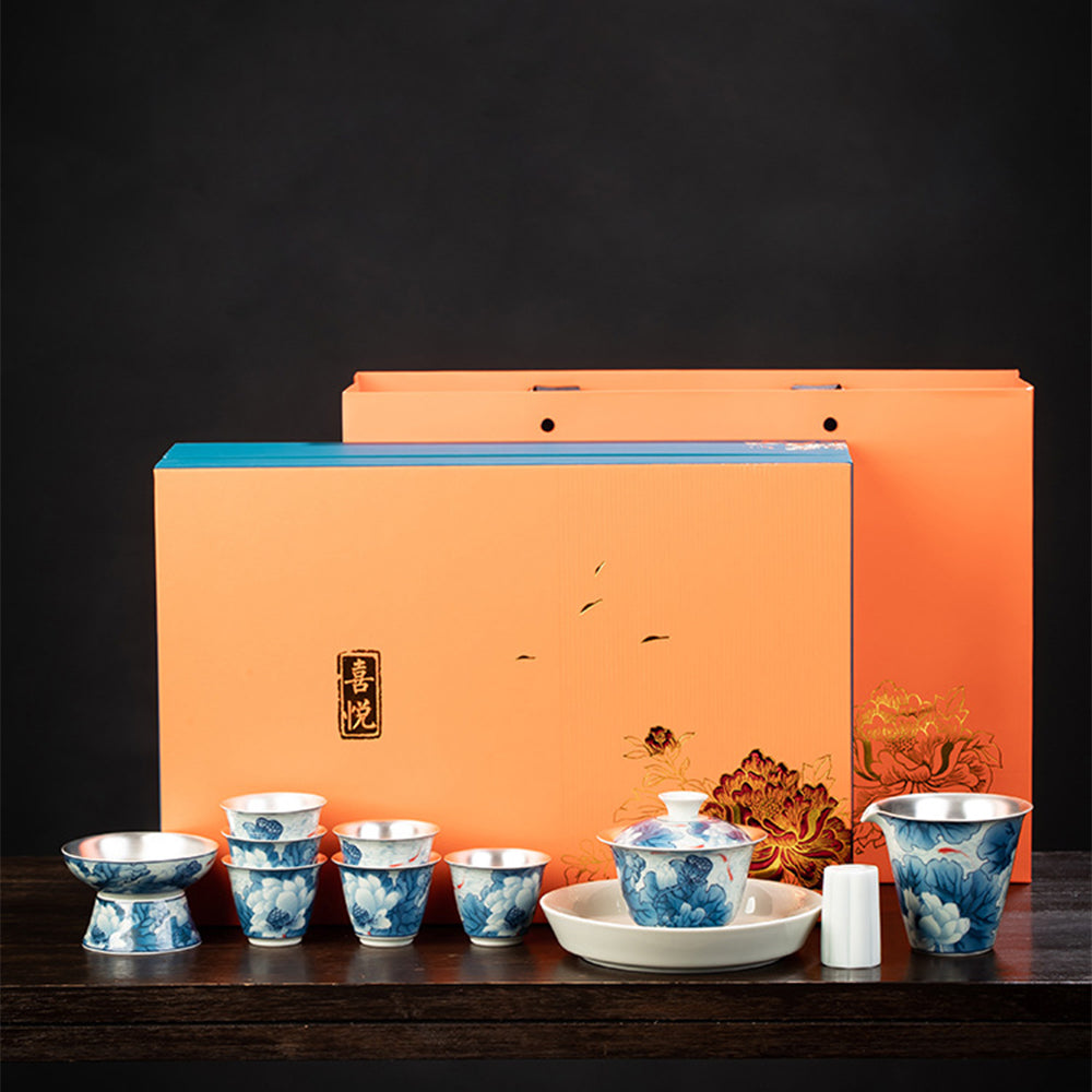 Enamel Porcelain Silver Lotus Tea Set
