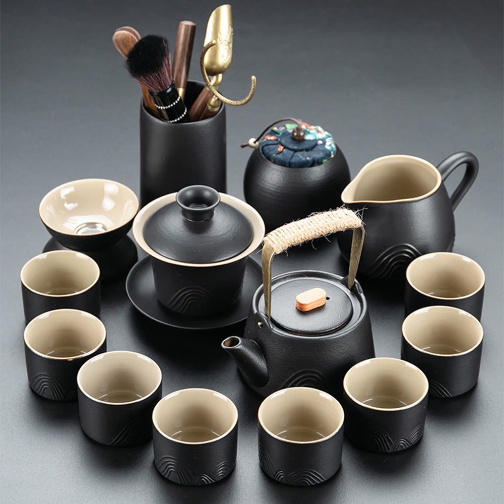 NIUKOMY Japanese Tea Set Ceramic Black, Vintage Porcelain Tea Set with Strainer, 900ML Porcelain Teapot Set with Wooden Handle for Loose Tea NIUKOMY Japanese Tea Set Ceramic Black, Vintage Porcelain Tea Set with Strainer, 900ML Porcelain Teapot Set with Wooden Handle for Loose Tea