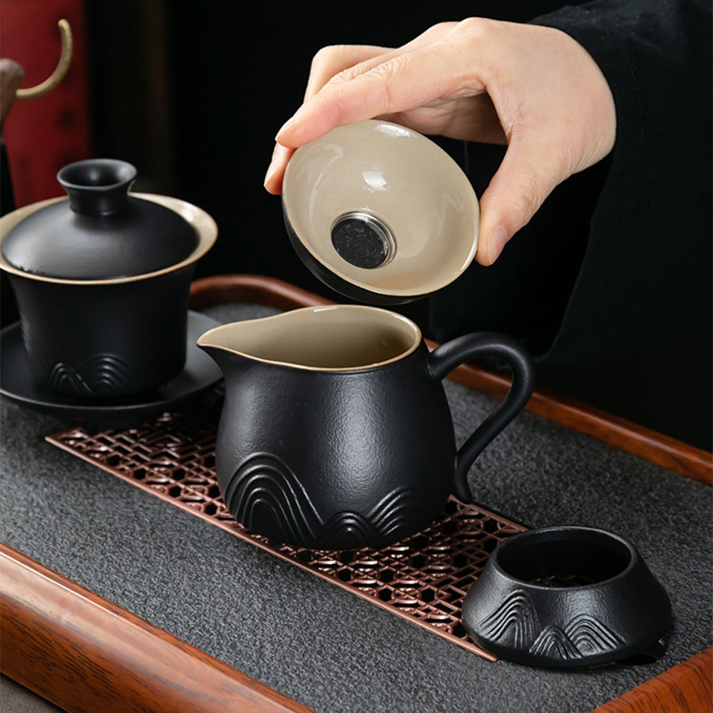 Japanese Black Pottery Mountains Tea Set