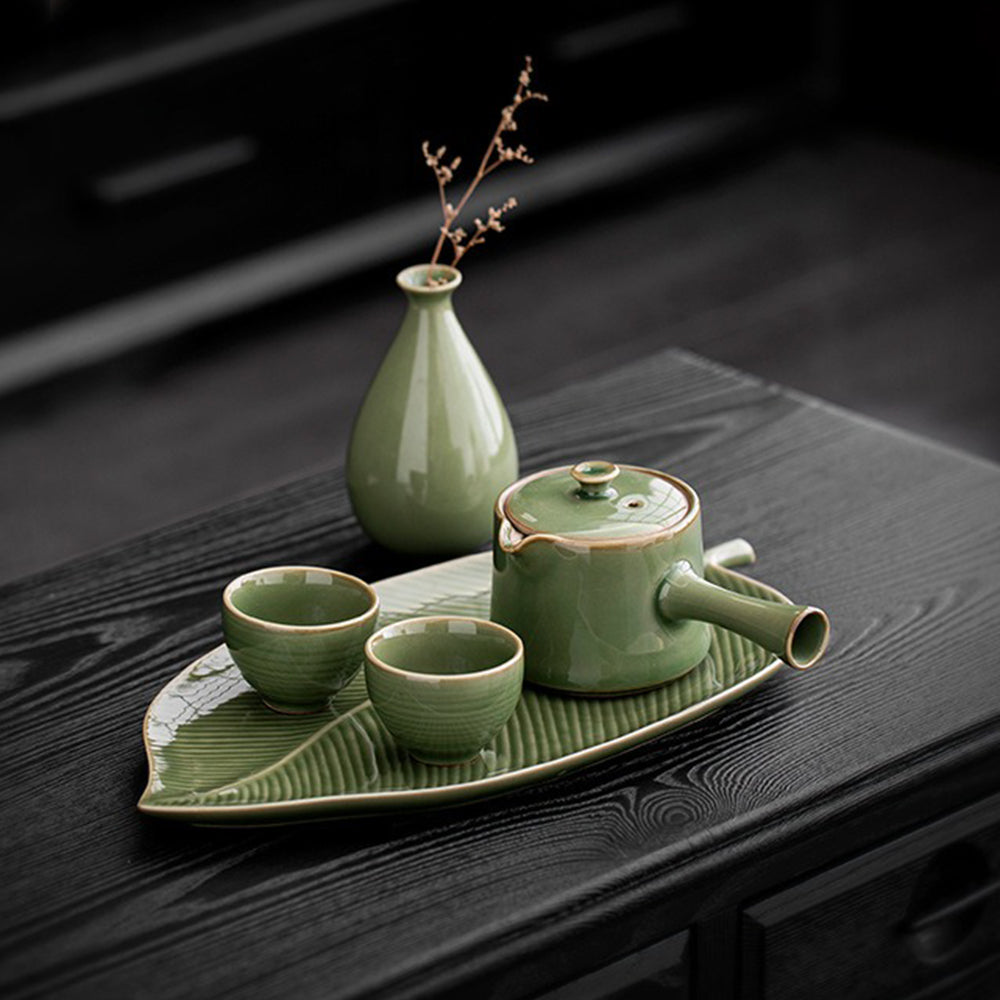 Japanese Celadon Tea Set With Banana Leaf Tray