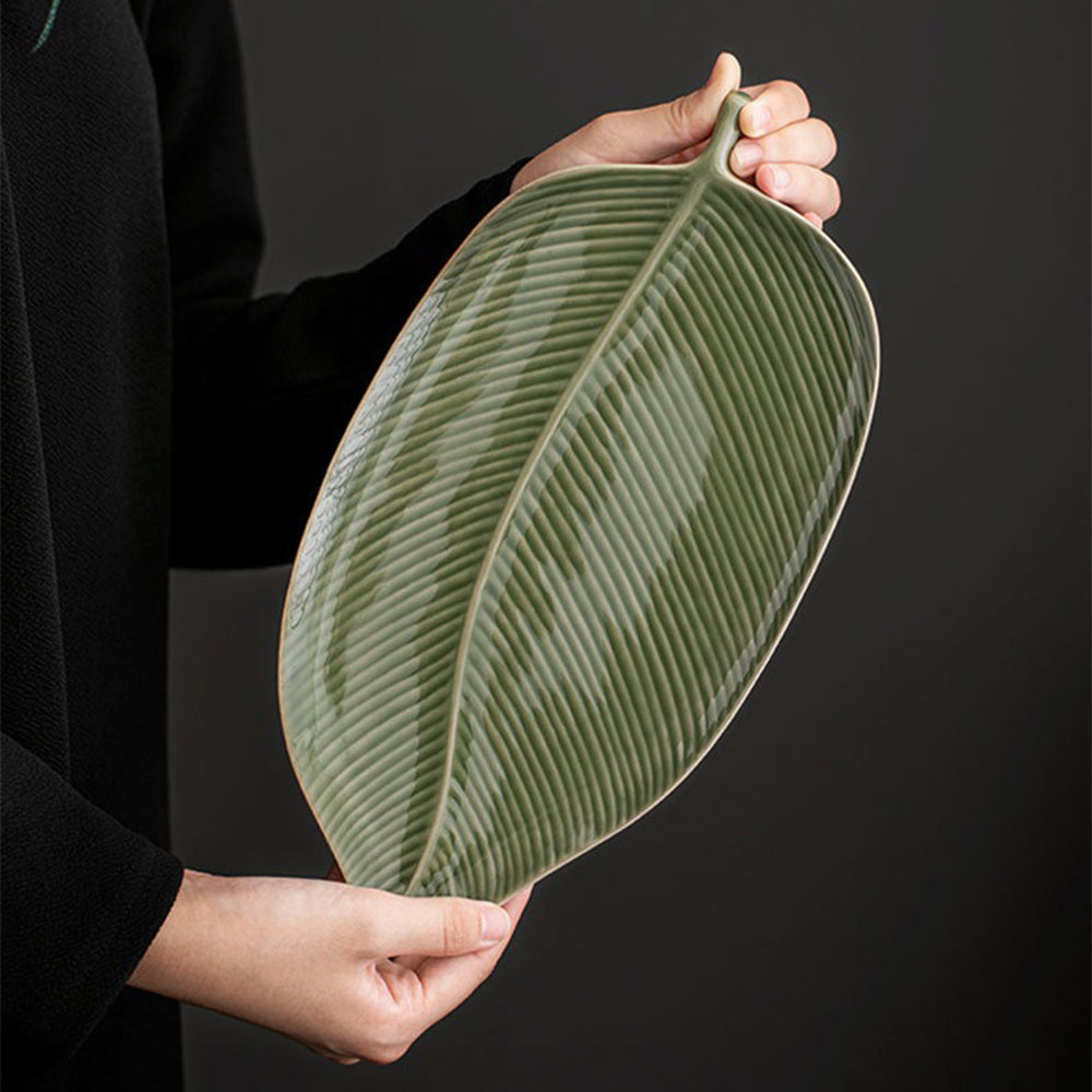 Japanese Celadon Tea Set With Banana Leaf Tray