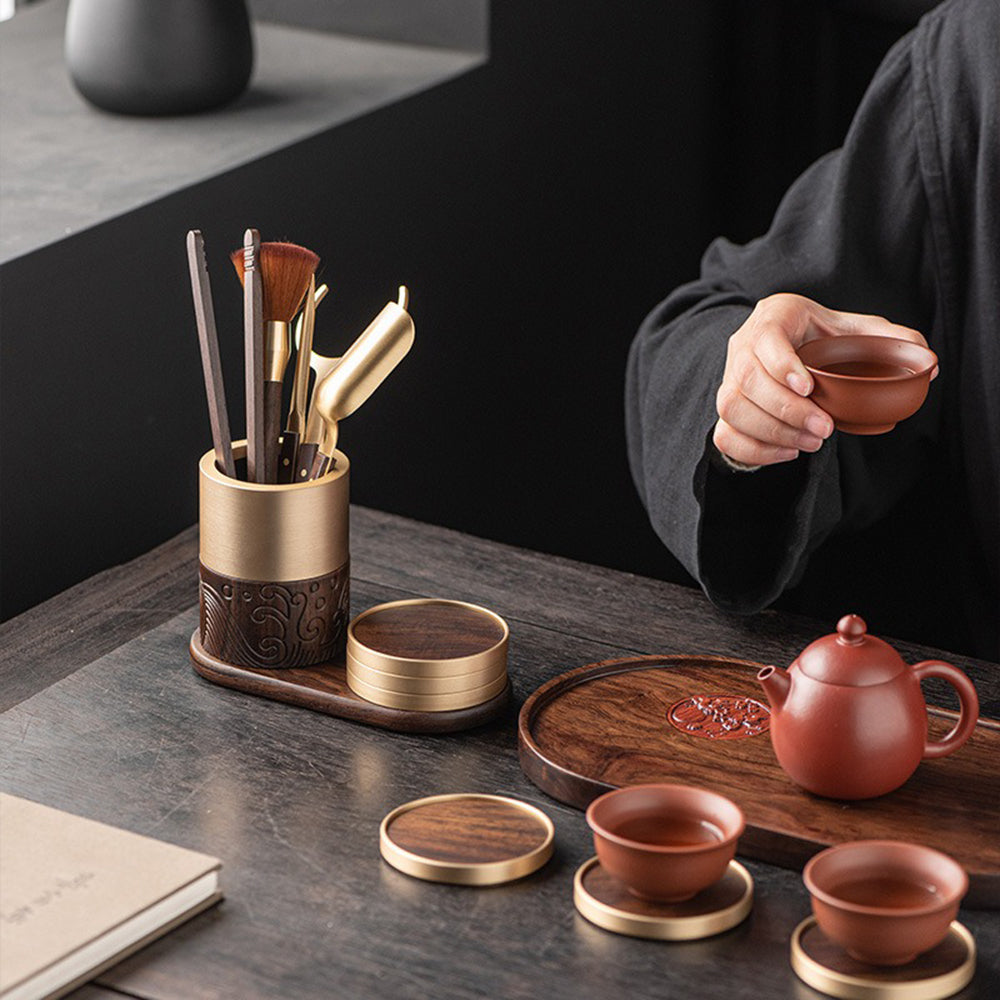 Ebony & Copper Tea Utensils Set With Coaster