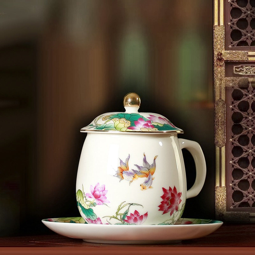 Lotus And Fish Jade Porcelain Tea Cup