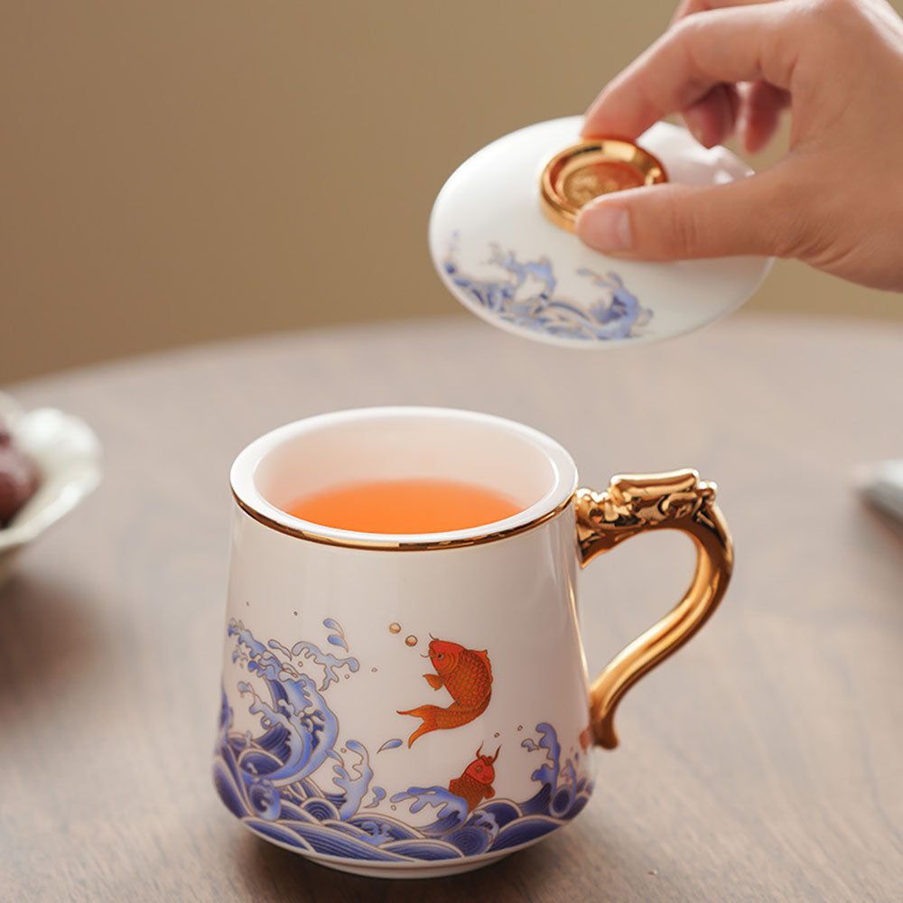 Koi Fish And Sea Wave Jade Porcelain Tea Cup