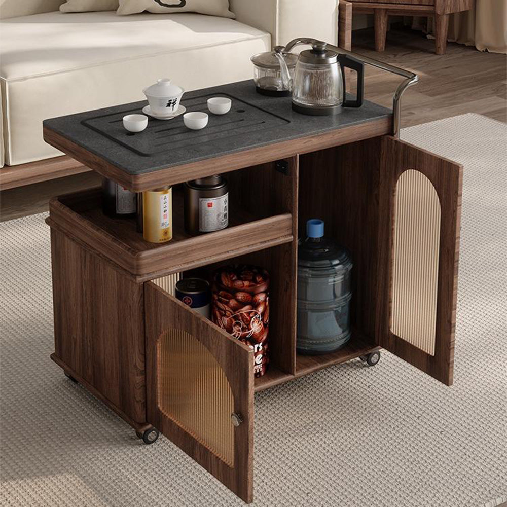 Solid Wood & Black Stone Panel Movable Tea Table
