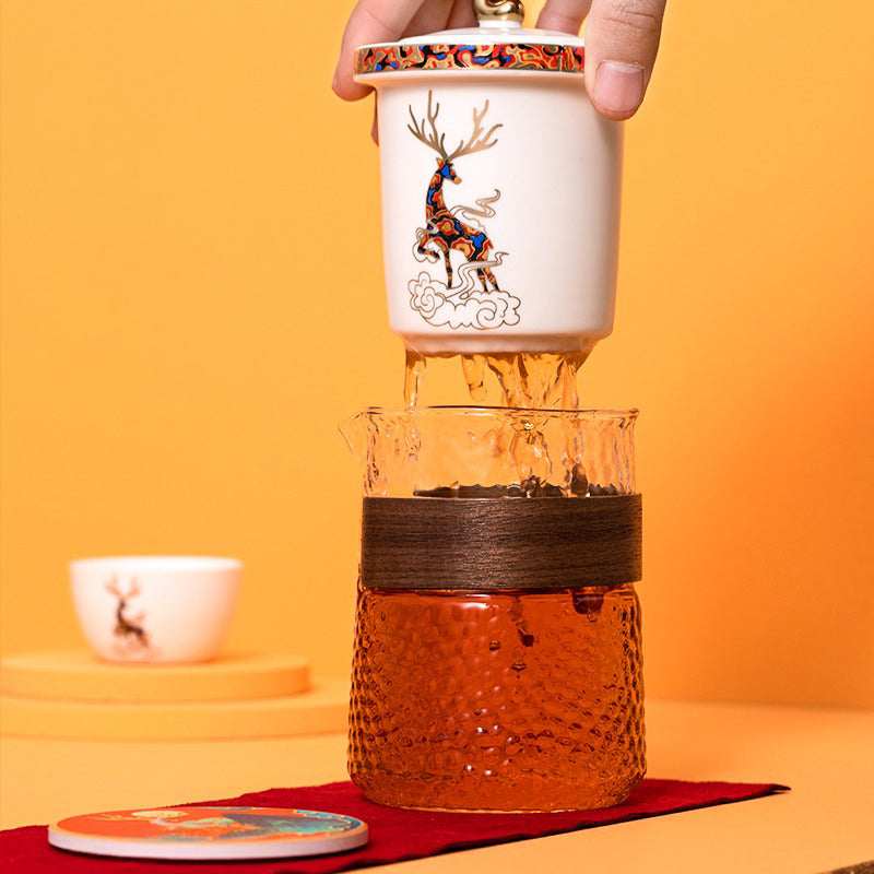 Glass And Porcelain Deer Travel Tea Set