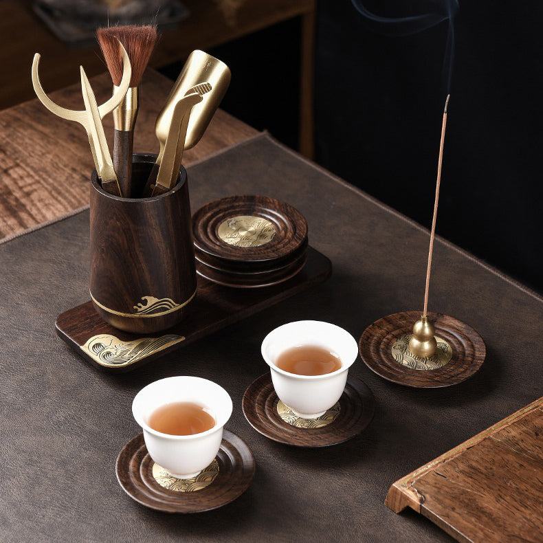 Ebony Tea Utensil Set With Cup And Incense Holder
