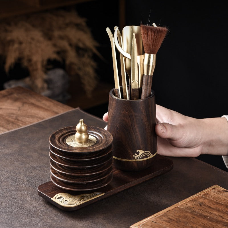 Ebony Tea Utensil Set With Cup And Incense Holder