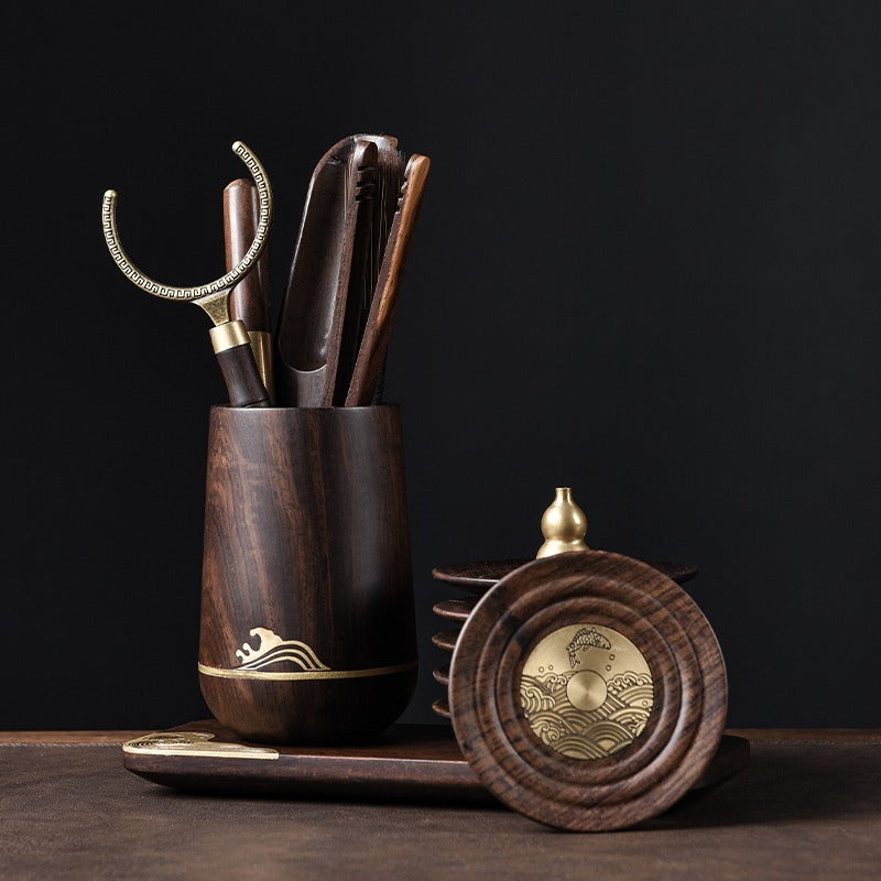 Ebony Tea Utensil Set With Cup And Incense Holder