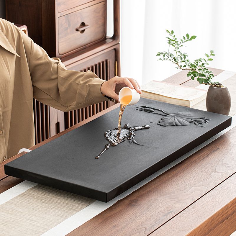 Lotus and Fish Black Stone Tea Tray