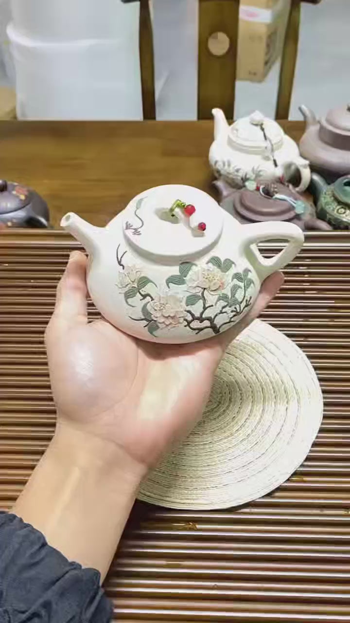 Yixing White Clay Peony Shi Piao Teapot