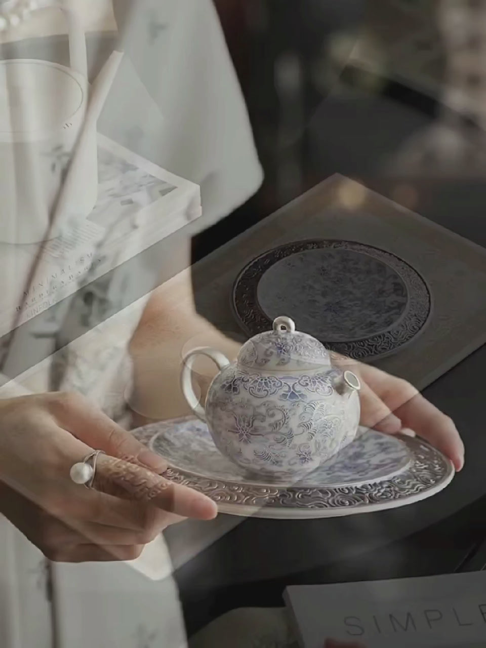Chinese Silver-Gilt Blue And White Porcelain Teapot