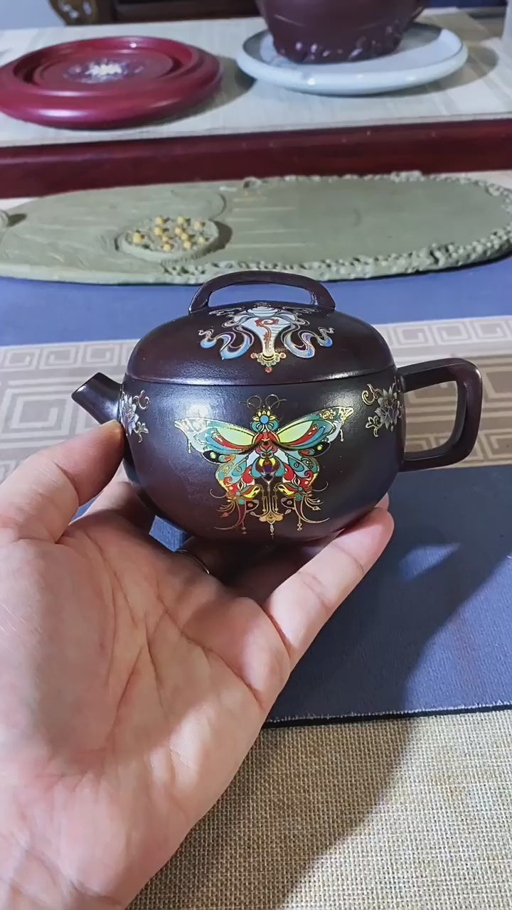Yixing Purple Clay Enamel Butterfly Teapot