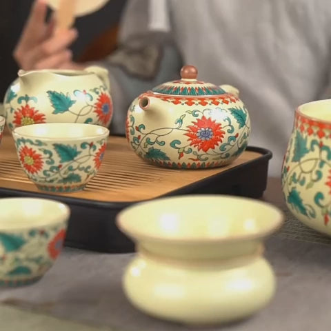 Chinese Yellow Ruyao Flowers Tea Set