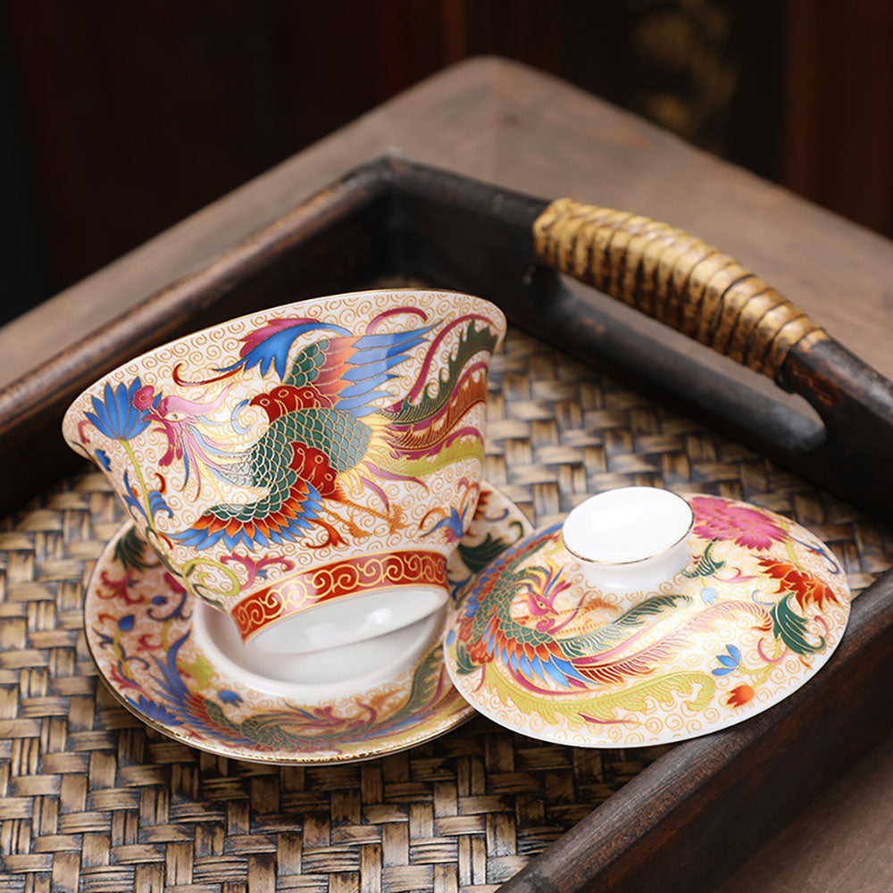 Enamel Porcelain Dragon Phoenix Gaiwan