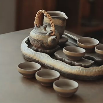 Stone Pottery Lotus Lake Shape Tea Set