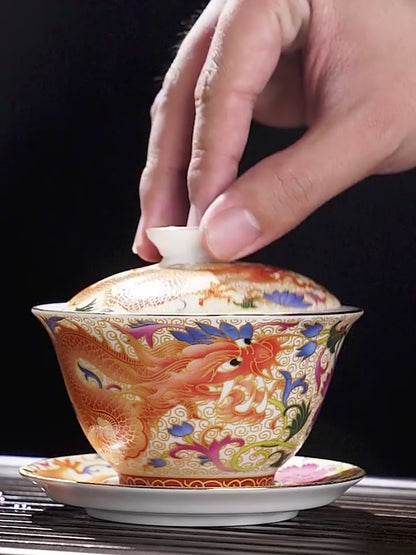 Enamel Porcelain Dragon Phoenix Gaiwan