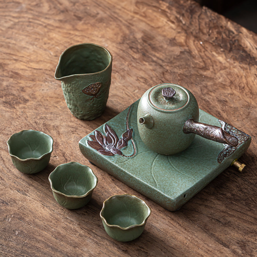 Coarse Pottery Kyusu Lotus Tea Set