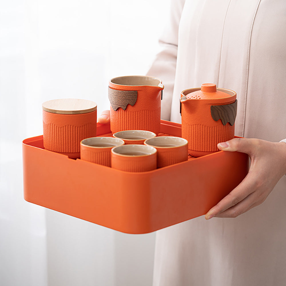 Orange Stoneware Portable Kung Fu Tea Set