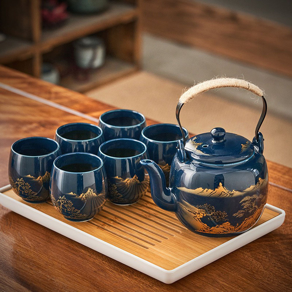 Japanese Blue Landscape Tea Set With Tray