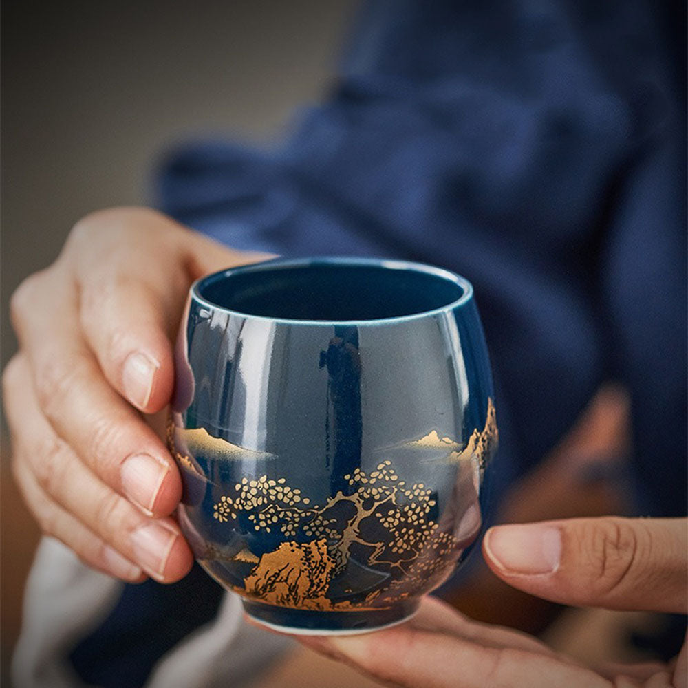 Japanese Blue Landscape Tea Set With Tray