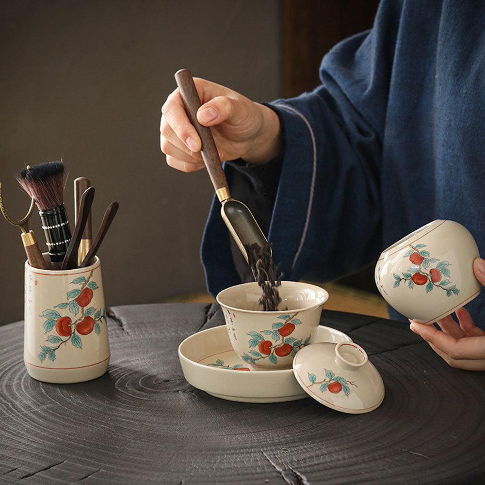 Ebony Tea Utensils Set With Ceramic Persimmon Holder