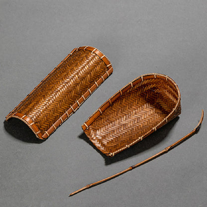 Bamboo Weaving Dustpan Tea Holder With Spoon