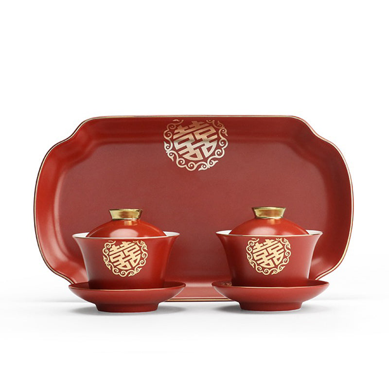 Double Happiness Gaiwans Set With Tray