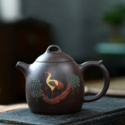 Yixing Black Golden Clay Pine Crane Teapot