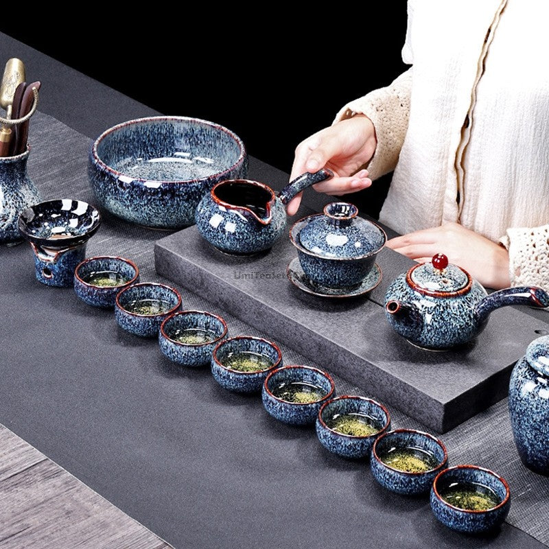 Chinese Blue Furnace Transmutation Tea Set