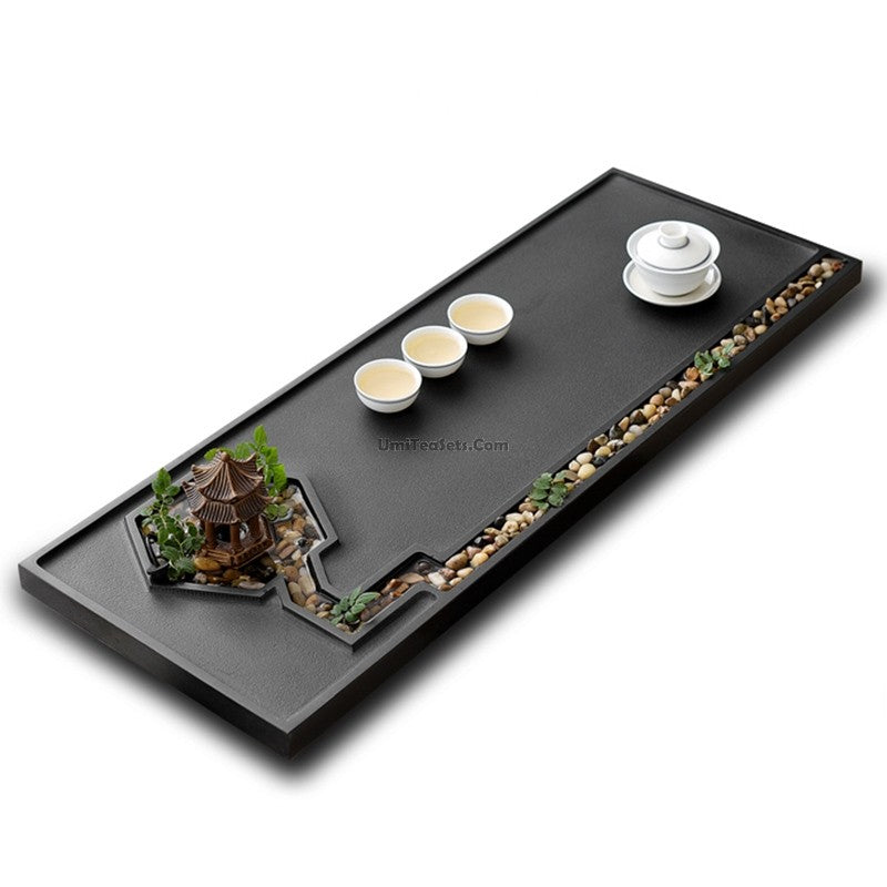 Black Stone Zen Tea Tray With Pavilion And Brook