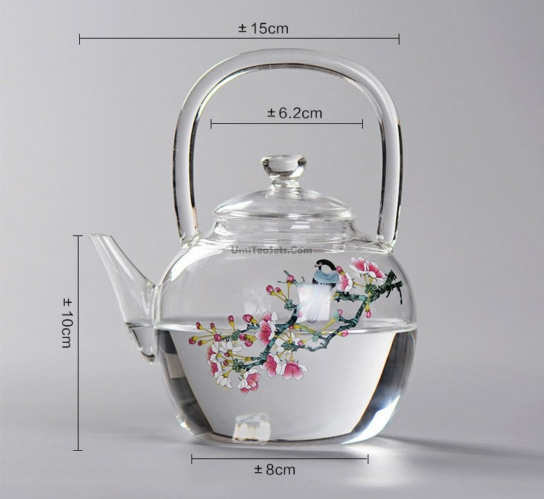Magpie And Peach Blossom Glass Teapot