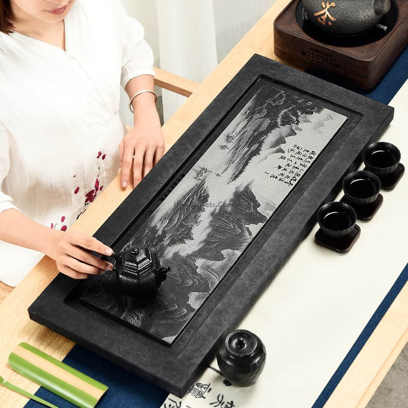 Black Stone Tea Tray With Carved Landscape
